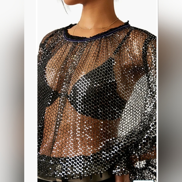 Free People Women's Sparks Fly Sheer Sequin Black Long Sleeves Top Size XS - Picture 14 of 14